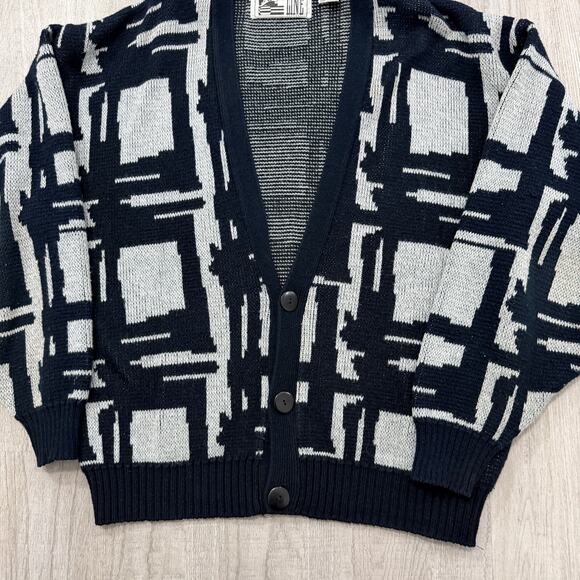 Vintage Geometric Cardigan Sweater Men's Large Black White Knit 90s Abstract - Picture 2 of 7